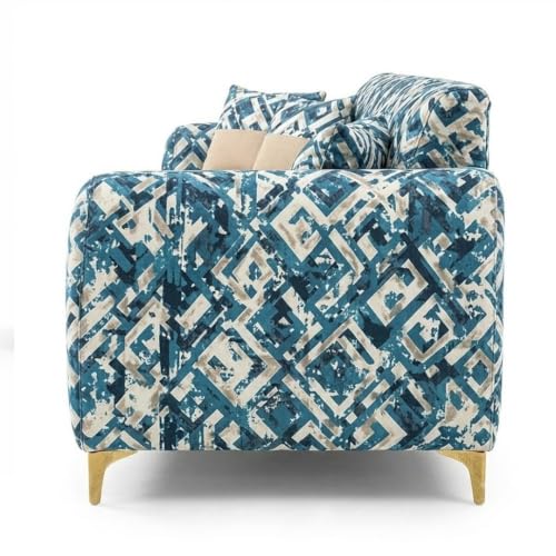Image of CASASTYLE Signature Velour 3 Seater Sofa Set | Tapestry Fabric | 40D Foam + Zigzag Spring | 3-Yr Warranty (Lagoon Mosaic Blue) | Modern Living Luxury Sofa Set for Home, Office & Hotel Spaces