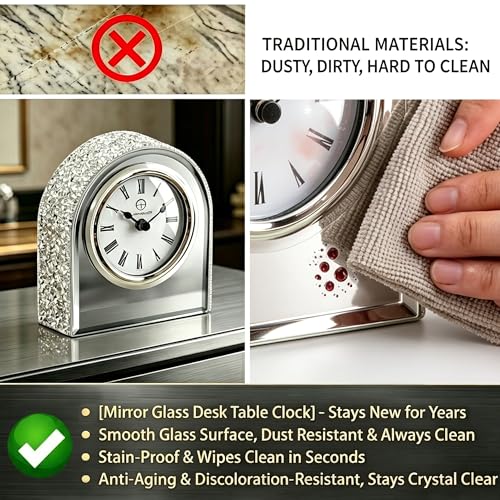 Reloj de mesa de cristal de espejo y diamantes, accesorio de 13 cm antidecoloración 7