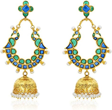 Ahilya Jewels Indian Ethnic Sterling Silver Gold plated Peacock Green And Blue Stone Chandelier Jhumki