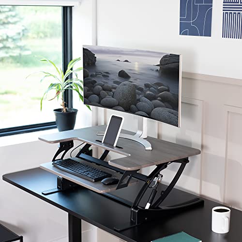 Image of VIVO Dark Gray 36 inch Standing Desk Converter, DESK-V000VG | Height Adjustable, Stand Up Desk Riser, Wide Keyboard Tray, Dual Monitor and Laptop Workstation, Black Frame, V Series