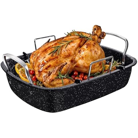 RavisingRidge Roasting Pan with Rack, 17 x 13 Inch Nonstick Turkey Roaster with Steel Handles – Ideal for Ovens, Lasagna, Meat & Vegetables, Perfect for Thanksgiving & Christmas (Black) Cover