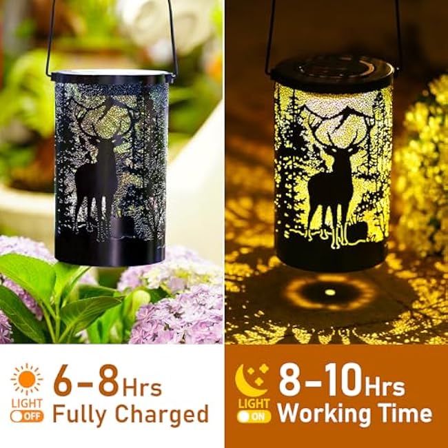 Solar Lantern Outdoor Waterproof Deer Garden Decor Birthday Gifts for Women Mom Grandma Hanging Solar Lights Metal Decoration Outside for Yard Patio Backyard Porch
