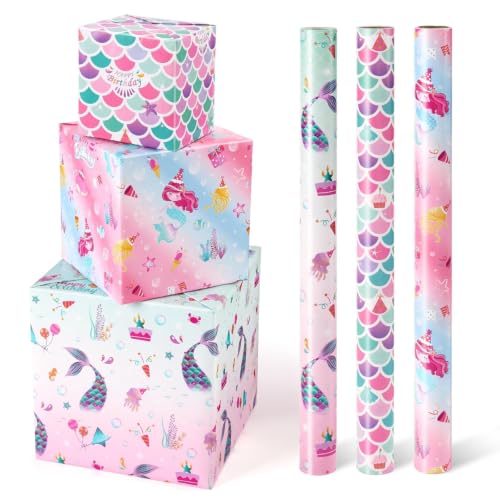 WERNNSAI Mermaid Wrapping Paper, 3 Rolls x 10' Wrapping Paper Birthday Girl