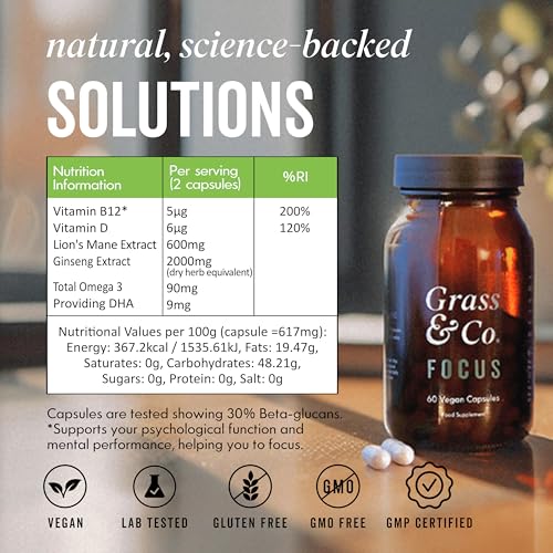 Grass & Co. Lions Mane Supplement Mushroom 600mg Capsules with Vitamin D, Vegan Omega 3, Vitamin B12 & Ginseng | Focus | Supports Cognitive Health | 60 Capsules, 30 Servings - Image 6