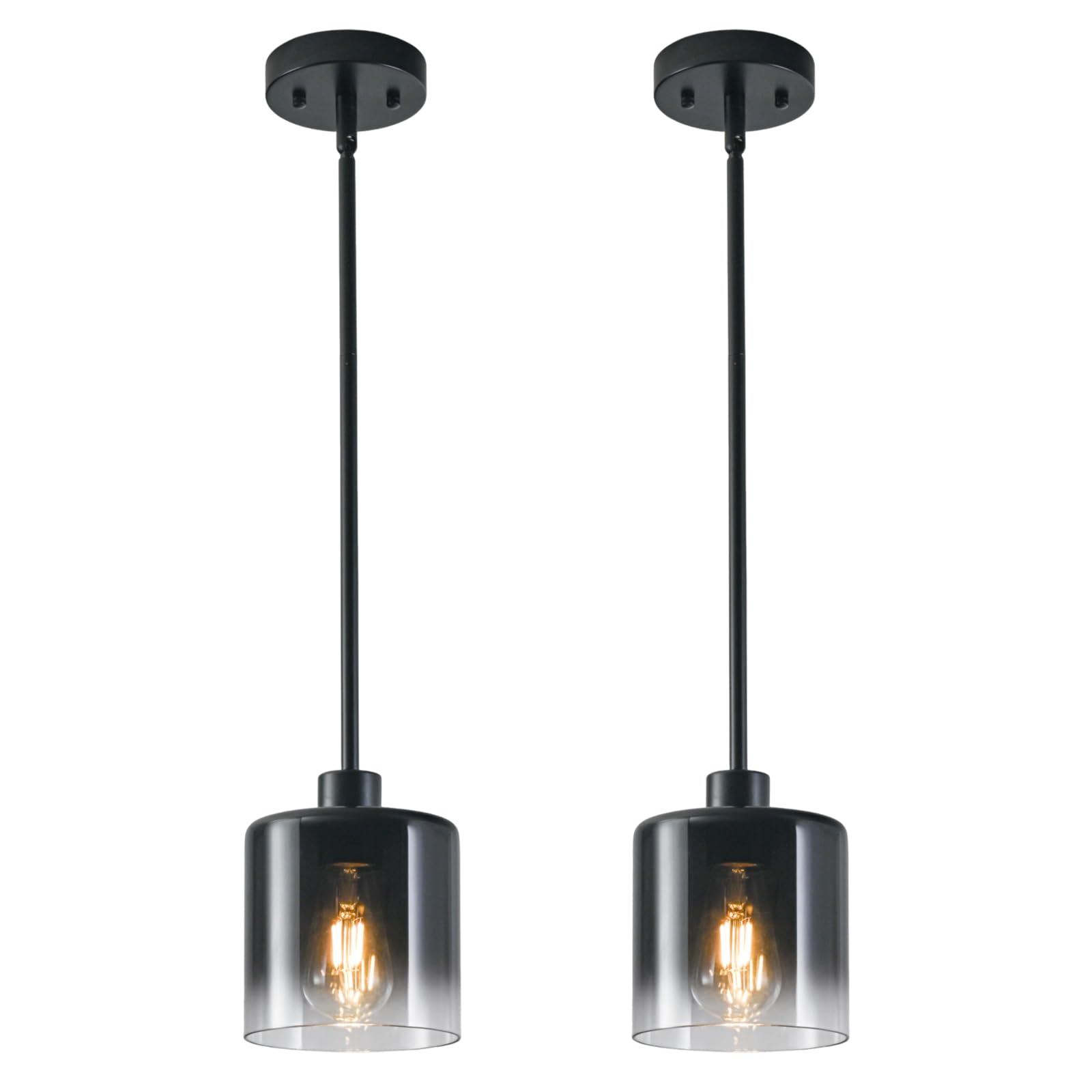 2-Pack Black Pendant Light Fixtures, Modern Pendant Lights for Kitchen Island with Adjustable Rods, Industrial Glass Pendant Lights for Dining Table Hallway Bedroom Living Room