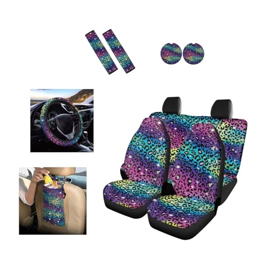 Gomyblomy 10 Pcs Rainbow Leopard Car Seat Covers Full Set Colorful Cheetah Front Rear Seat Covers Steering Wheel Cover Seat Belt Shoulder Cover Coasters Trash Bags for Women