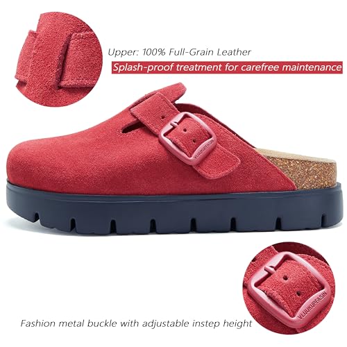 Image of Women's Suede Platform Clogs Leather Mules Slip On Indoor Outdoor Shoes | Arch Support, Cork Footbed, Adjustable Buckle,All Day Comfort