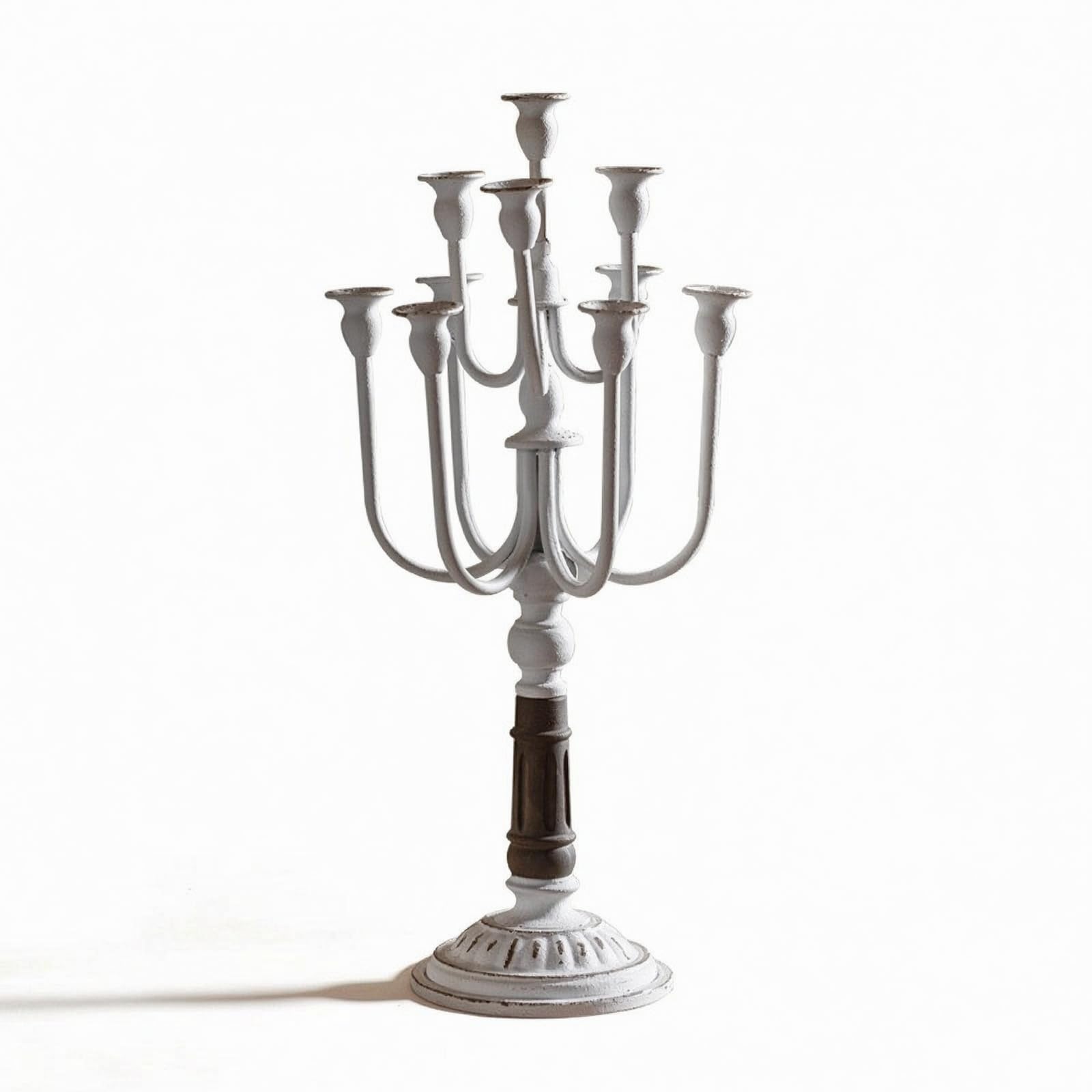 Candelabro Portacandele Candeliere Centro Tavola Decorazione in Ferro E Legno con Base Rotonda Stabile E Curvi Stile Rustico Francese Adatto Matrimoni Eventi, Bianco