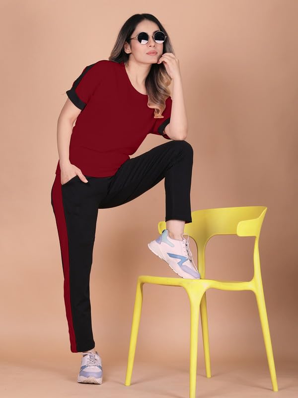 Image of DTR FASHION Polyester Blend Shoulder Stripes Tracksuit | Night Wear Suit For Women