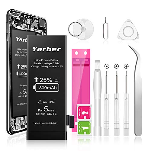 Batería para iPhone 5, Yarber 1800mAh Batería Reemplazo con 25% más de Capacidad Que la batería Original y con Kits de Herramientas de reparación, Cinta Adhesiva (Solo para iP5)
