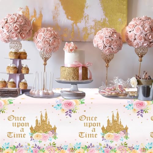 Image of 3PCS Princess Birthday Party Tablecloths Decorations, Once Upon a Time Birthday Decorations Plastic Princess Castle Party Floral Table Cover for Girls Baby Shower