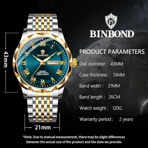 Image of BINBOND Men's Watch Luxury Business Dress Analog Quartz Stainless Steel Casual Date Wrist Watches for Men Easy Read Roman Numeral Large Dial Waterproof Luminous