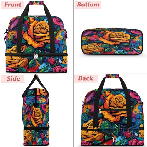 Graceful Rose Flower Printing Travel Duffle Bag, Collapsible Travel Bag Sports Gym Bag With Shoes Compartment Weekender Bag Overnight Bag For Women Men3