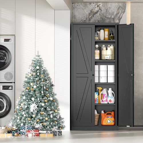 Image of INTERGREAT Metal Storage Cabinet with 2 Doors and 4 Shelves,Tall Kitchen Pantry Cabinets,Farmhouse Utility Pantry Organizers for Dining /Bathroom /Home Office /Garage Room,Black
