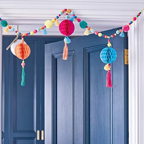Talking Tables Boho Party Decorations | Pom Poms Garland with Tassel and Colourful Paper Honeycombs (1m) | For Mexican Fiesta Birthday Party Supplies, Encanto, Cinco De Mayo, Summer Garden Celebration
