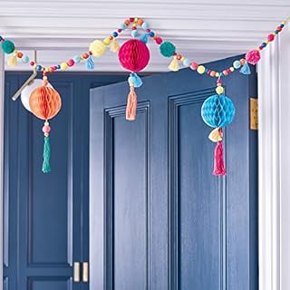 Talking Tables Boho Party Decorations | Pom Poms Garland with Tassel and Colourful Paper Honeycombs (1m) | For Mexican Fiesta Birthday Party Supplies, Encanto, Cinco De Mayo, Summer Garden Celebration