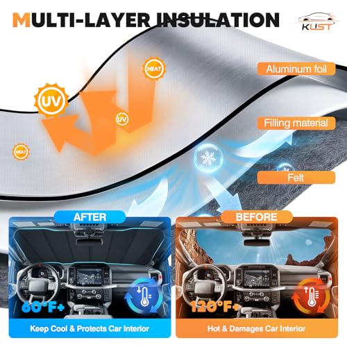 Image of KUST Windshield Sun Shade for Ford F150 2021-2025 2026 Foldable Thicken Window Sunshade UV Protection Keep Cool Sunshield Easy Install Sun Visor Accessories Aluminum Film