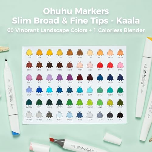 Image of Ohuhu Alcohol Markers Double Tipped Slim Broad and Fine Art Marker for Artists Adult Coloring Drawing Landscape Sketch - 60 Colors Kaala Markers Refillable Art Pen Gift