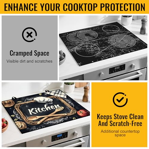Image of NYZE Stove Cover for Electric and Glass Stove Tops 3-in-1 Stove Mat, Heat Resistant Counter Protector Mat, Non-Slip Surface & Drying Rack (Blackboard Kitchen, 28.5 inch Lx20.5 W)