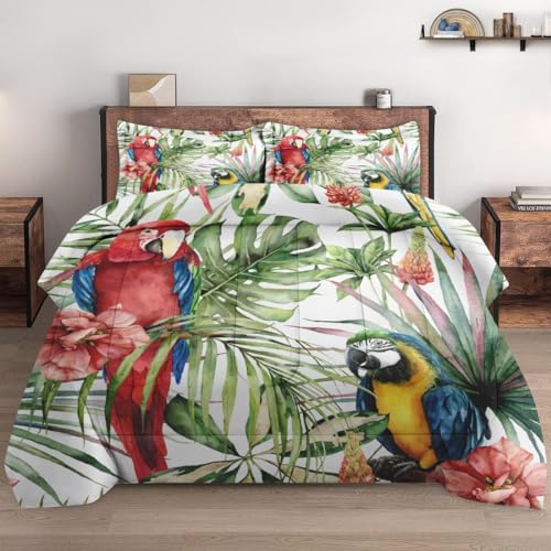WeCozy Twin Size Comforter Set with Pillowcase, Tropical Hibiscus Birds 2 Pcs Bedding for Kids and Adults, Flower Palm Leaf Soft Comforter Set for Bedroom Bed Decor