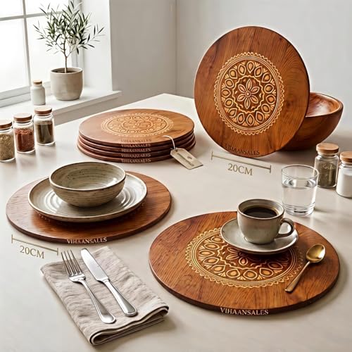 Image of Round Wooden Trivet,Place Mate Set of 4 (20cm) |Bamboo Table Mats with Engraved Design | Heat Resistant Hot Pot Stand| Dining Table Protector | Wooden Coaster for Kitchen & Cookware (20x20 cm)