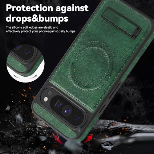 Image of Lunivop for Google Pixel 9 Pro XL Case Leather [Compatible with Magsafe Wireless Charging] Magnetic Cover Stand Funda para Google Pixel 9 Pro XL 6.8 '' 5G 2025 Rugged Best Phone Cases Green