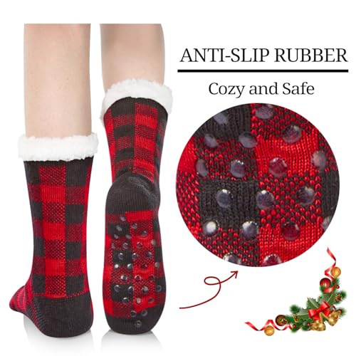 Fuzzy Slipper Socks for Women Girls - Socks with Grips, Sherpa Animal Cat Buffalo Plaid Stocking Stuffer3