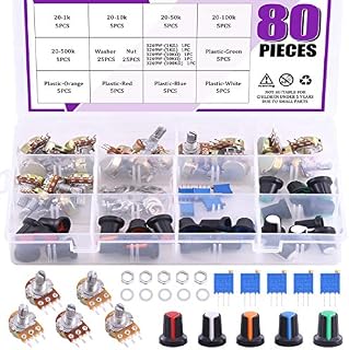 Swpeet 80Pcs 1K-500K Ohm Potentiometer Assortment Kit with 1Kohm -100Kohm Multiturn Trimmer, Knurled Shaft 3 Terminals Single Linear HighPrecision Variable Resistor with Nuts and Washers
