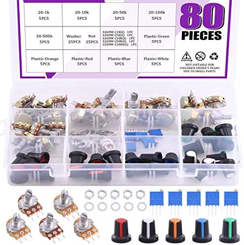 Swpeet 80Pcs 1K-500K Ohm Potentiometer Assortment Kit with 1Kohm -100Kohm Multiturn Trimmer, Knurled Shaft 3 Terminals Single Linear HighPrecision Variable Resistor with Nuts and Washers