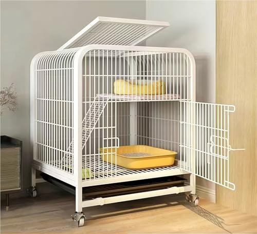 DUANLVLF 猫ケージ キャットケージ 大型猫用 多頭飼いに適す 鉄メッシュ製 防錆コーティング 頑丈で脱走防止 キャスター付き移動便利 組み立て簡単 掃除容易 室内屋外両用 留守番保護や遊び休憩に 子犬ウサギも使用可能(White,60*42*66c