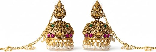 Ethnic Lakshmi Ji Jhumka Earrings with Pearl Drops and Kan Chain for Women