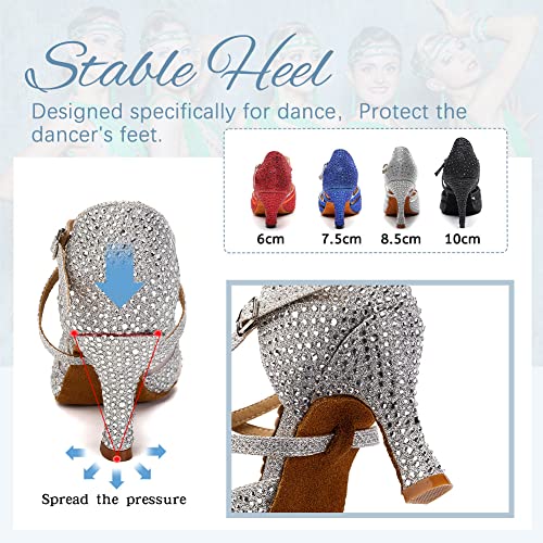 Dkzsyim Women Rhinestone Latin Ballroom Dance Shoes Bachata Salsa Practice Performance Dance Shoes,1025-Grey,3 Inch,Suede,Us 9.5 #TOP5