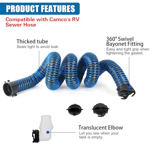Image of 20FT RV Sewer Hose with Bayonet Fittings and 4-in-1 Adapter Elbow | EXTREME Heavy Duty 24 Mil, TPE Material, Abrasion Resistance and Crush Protection, Blue
