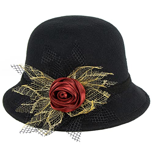 Womens Classic Felt Cloche Hat Vintage Bowler Hat Cloche Bucket Cap With Rose Bow #TOP1