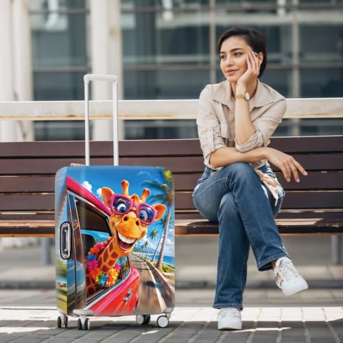 Image of Funny Giraffe Road Trip Luggage Cover Protective Suitcase Protector, Summer Beach Palm Tree Elastic Washable Travel Baggage Cover Fits 28-30 Inch Suitcase, Cool Animal Wearing Sunglasses Design,L