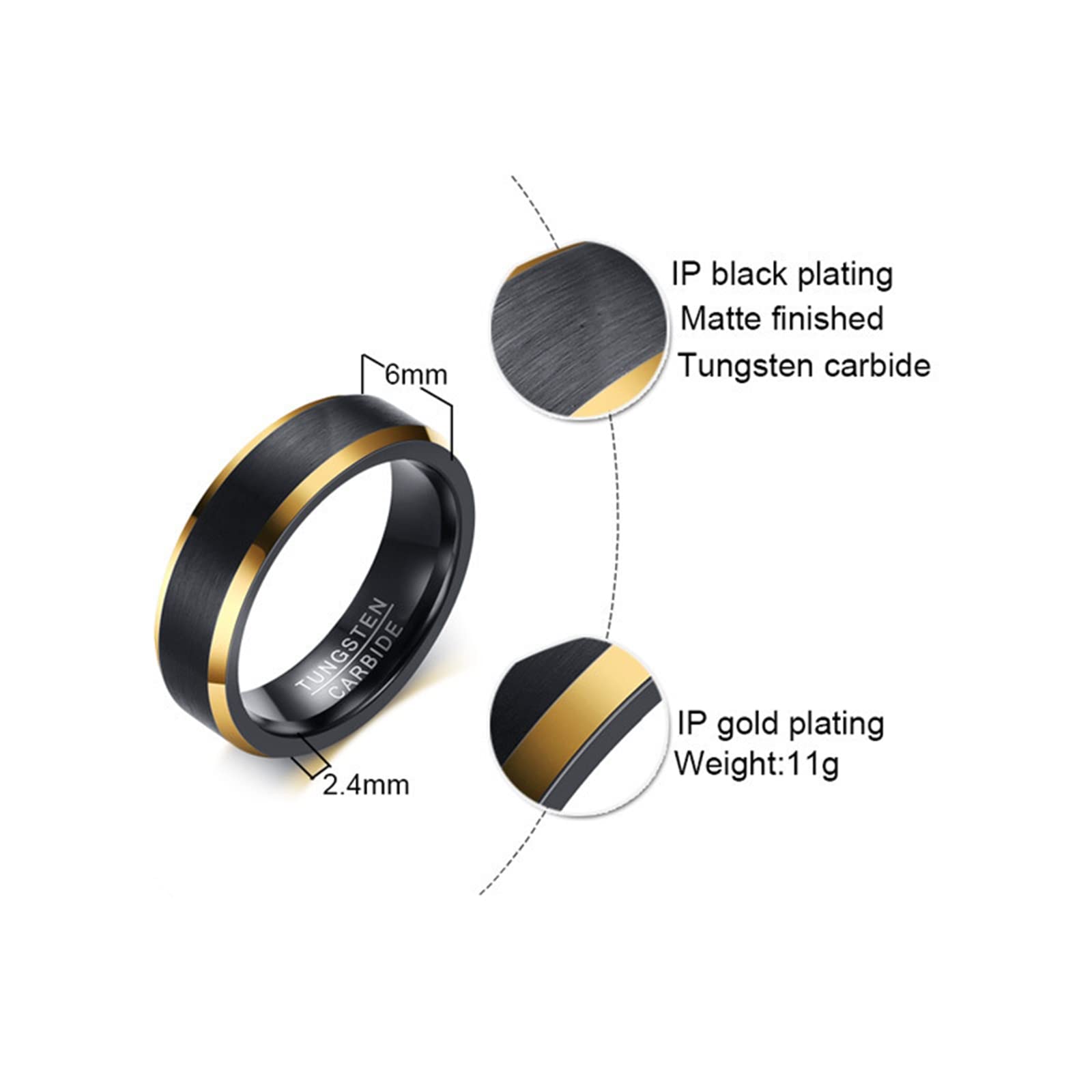 Set di Anelli per Coppie Personalizzati con Incisione, FEDI Nuziali in tungsteno per Lui e per lei, Dimensioni da L 1/2 a Z 1/2, Anello Nero Spazzolato da 6 mm con Bordo Dorato