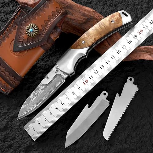 Joa Couteau pliant en bois damassé - Couteau de poche Damas Tanto EDC - Couteau en acier damassé - Couteau d'extérieur - Couteau de survie - Couteau de chasse pliable - Outil multifonction damassé