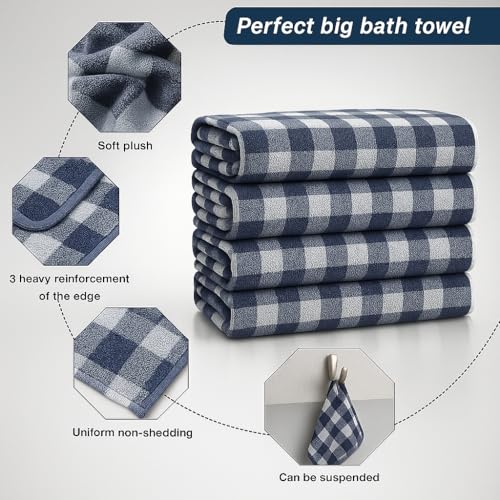 Image of Cortina Checks Printed Microfiber Towels for Bath Large Size-Super Soft Coral Fleece Bathing Towel with Hook Quick Dry Super Absorbent-Bath Towel for Men and Women-70x140 cm [Blue]