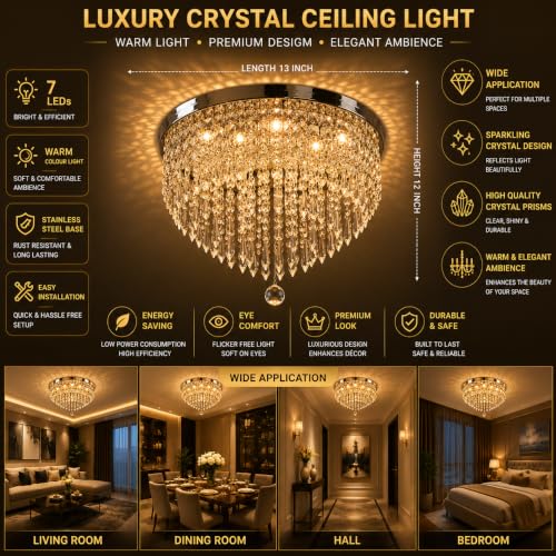 Image of Modern Chandelier Light Crystal Jhoomar Lighting Fixture Pendant Lamp LED Ceiling Lights for Hall, Living, Dining, Entryway (Stainless Steel, 63 Watt)