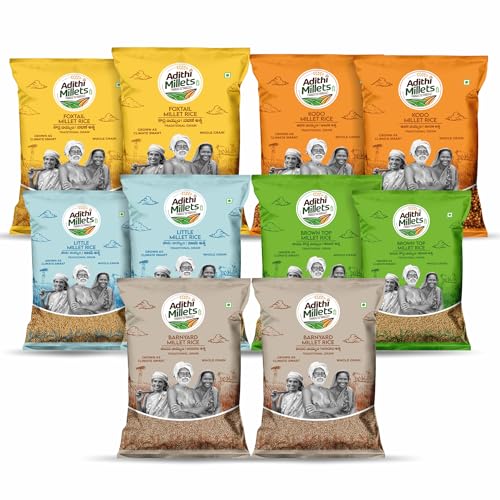 Image of Adithi Millets 5kg Combo | Unpolished Millet Rice - Browntop, Foxtail, Little, Barnyard & Kodo | Low GI Rice Alternative for Diabetic Diet | Gluten Free | 10 x 500g