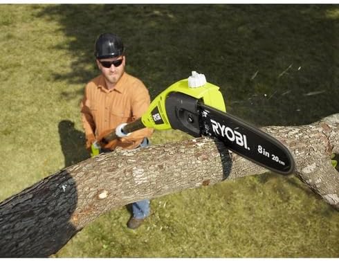 Person using RYOBI pole saw to cut a tree branch