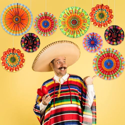 Image of Outus Mexican Fiesta Hanging Paper Fans Decorations | Fiesta Party Supplies Cinco De Mayo Ceiling Wall Decor for Taco Tuesday Event Decor Luau Event Photo Prop Carnival Supplies