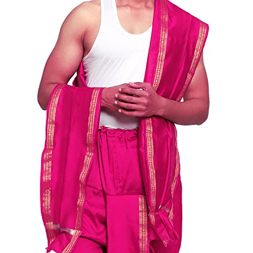 Image of Rameshwaram Fabrics Readymade Dhoti for Men, Velcro Style Stitched Mens Silk Dhoti Pant with Stole Set