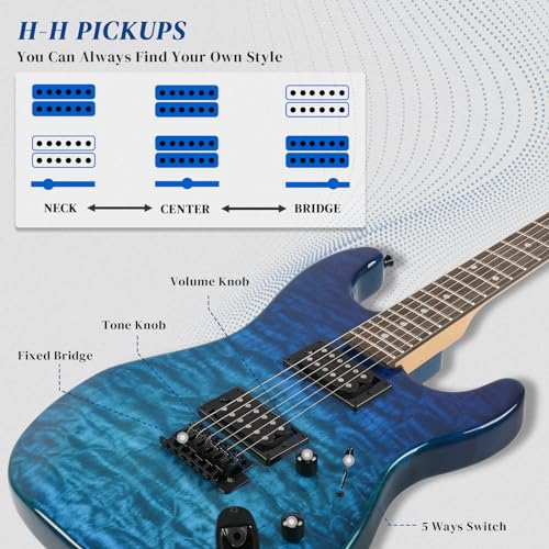 Image of Ktaxon 39 Inch Solid Body Electric Guitar with H-H Pickup, Ocean Blue | 6 Strings Guitarra Electrica with Gig Bag, Strap, Whammy Bar, Maple Neck for Beginners & Musicians, Rock Metal, Right Hand