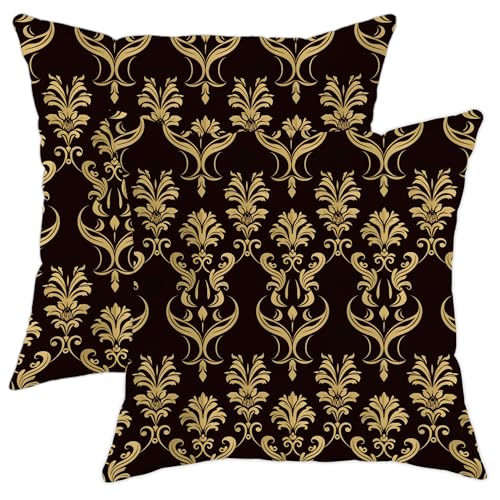 Lot de 2 housses de coussin de luxe damassées noires et dorées, décoration vintage carrée, décoration baroque pour maison, canapé, lit, canapé, 45,7 x...