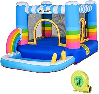 Outsunny Kids Rainbow Bouncy Castle & Pool House Inflatable Trampoline w/ Blower Pump Outdoor Play Garden Activity Exercise Fun 3-8 Years 2.8 x 1.7 x 1.55m