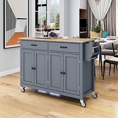 NIOIIKIT Kitchen Cart with Stainless Steel Top and Storage Cabinet, Kitchen Island on Wheels with Two Drawers, Goblet Holder, Wine Rack & Spice Rack for Dining Room (Traditional, Blue)