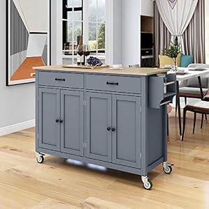 Kitchen Island Cart on Locking Wheels with 4 Cabinet and 2 Drawers, Rolling Coffee Bar Trolley w/Solid Wood Tabletop, Adjustable Shelves, Spice & Towel Side Rack, for Dining Room, Gray Kitchen Island Cart on Locking Wheels with 4 Cabinet and 2 Drawers Rolling Coffee Bar Trolley wSolid Wood Tabletop Adjustable Shelves Spice Towel Side Rack for Dining Room Gray
