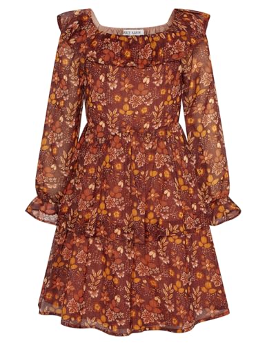 GRACE KARIN Girls Fall Dress Floral Long Sleeve Ruffle Square Neck Elastic Waist Tiered Layer Casual Dresses Size 5-12Y