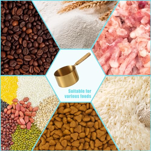 PEUTIER 4 Stück Messbecher für Hundefutter, 4 Größen und Kapazität Messbecher für Tiernahrung mit Holzgriff Messbecher aus Edelstahl Spülmaschinenfest Futterschaufel für Hundefutter (Gold)